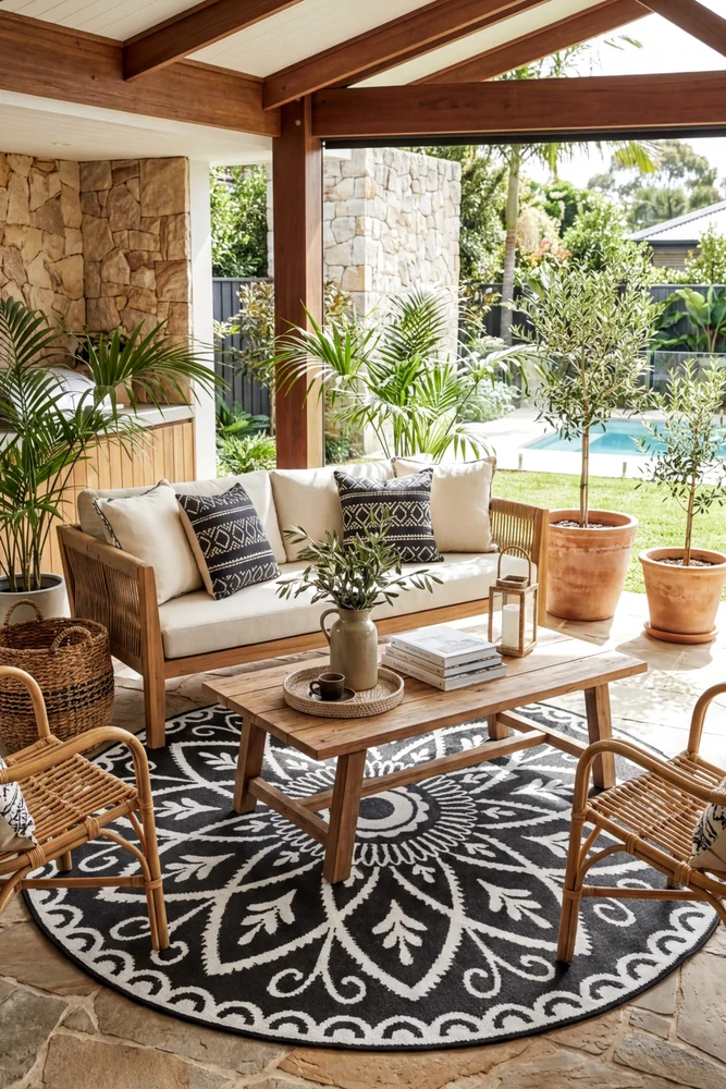 Benaras Black & White Reversible Round Outdoor Rug - Image 2