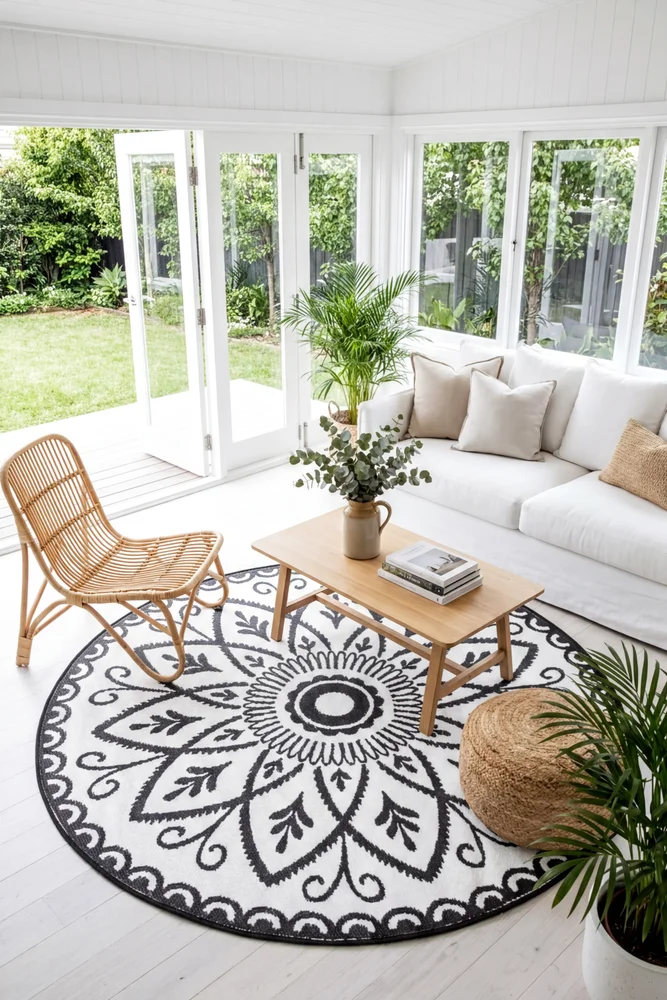 Benaras Black & White Reversible Round Outdoor Rug - Image 3