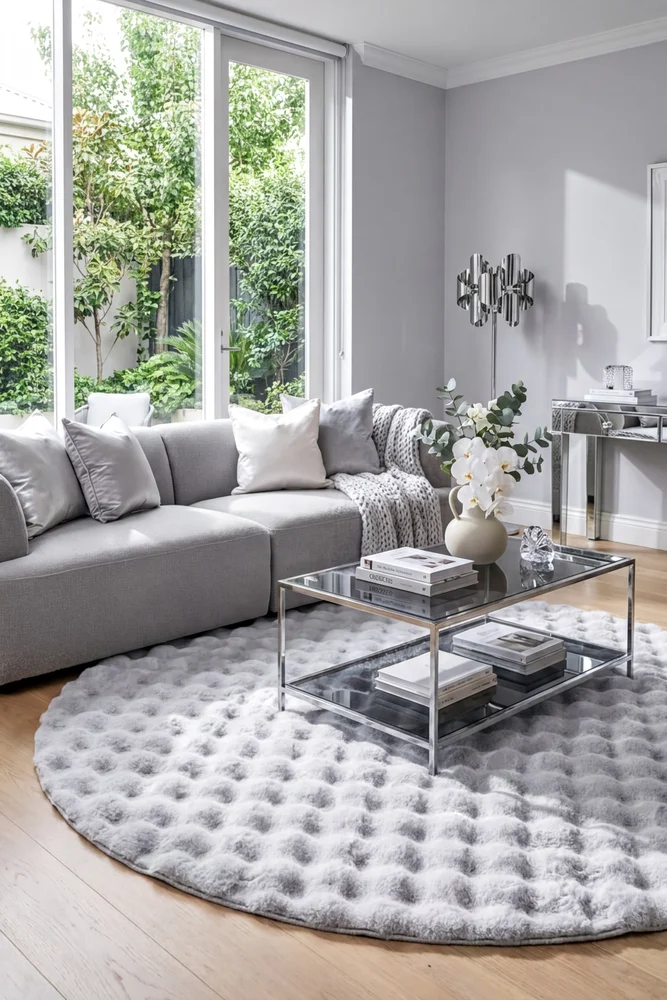 Bubble Silver Round Machine Washable Rug - Image 2