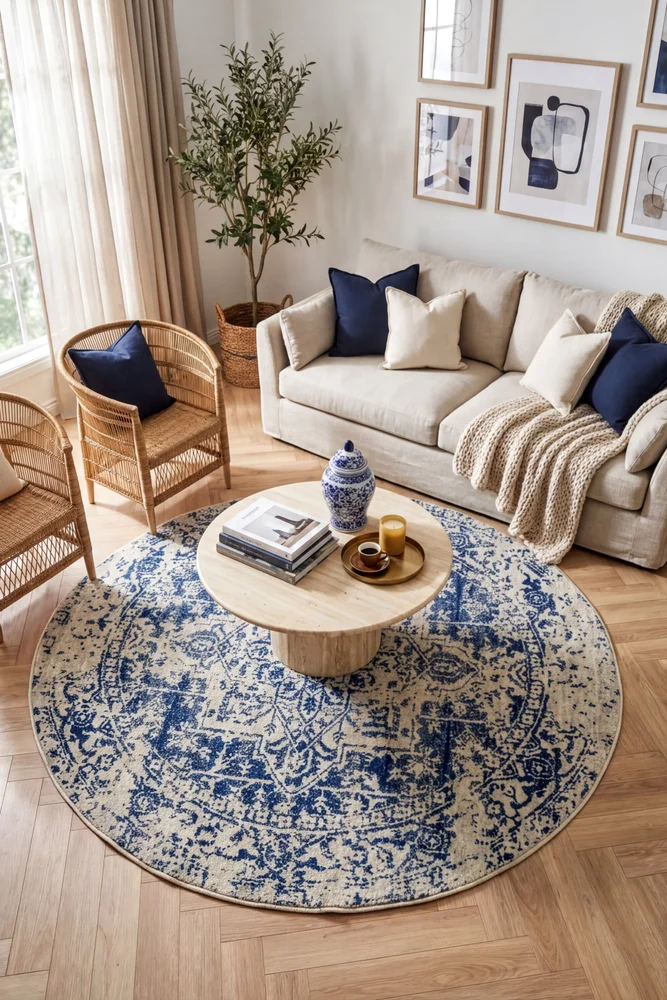 Evoke Horizon White Navy Transitional Round Rug - Image 2