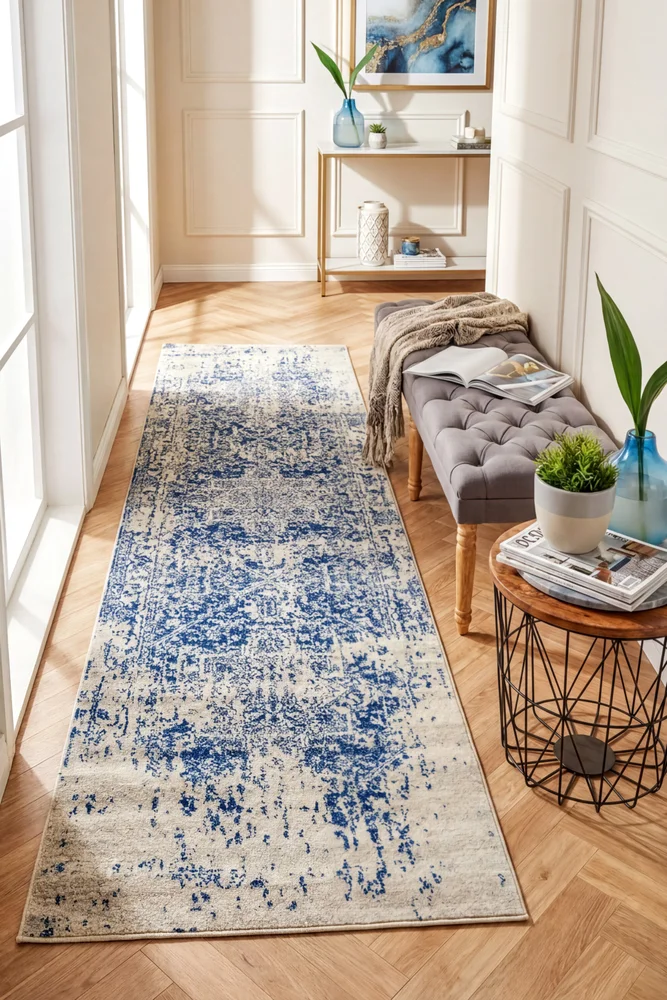 Evoke Horizon White Navy Transitional Runner Rug