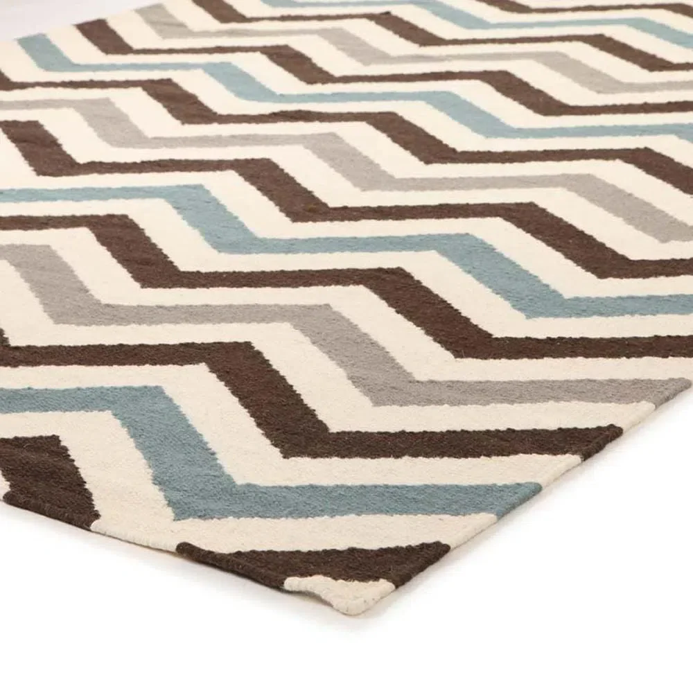 Flat Weave Chevron Design Blue Brown Rug - Image 3