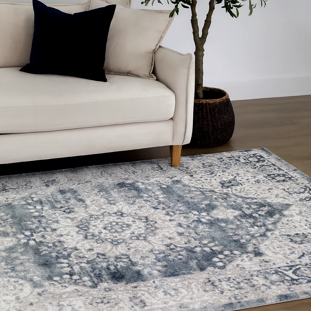 Mangan Navy and White Traditional Distressed Rug - Image 3