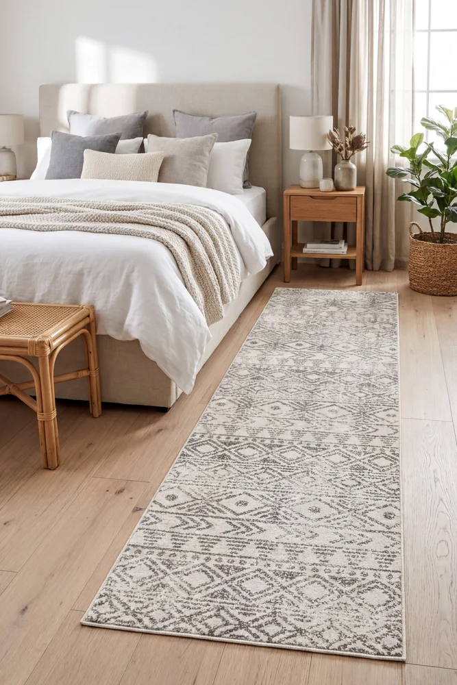 Oasis Ismail White Grey Rustic Runner Rug
