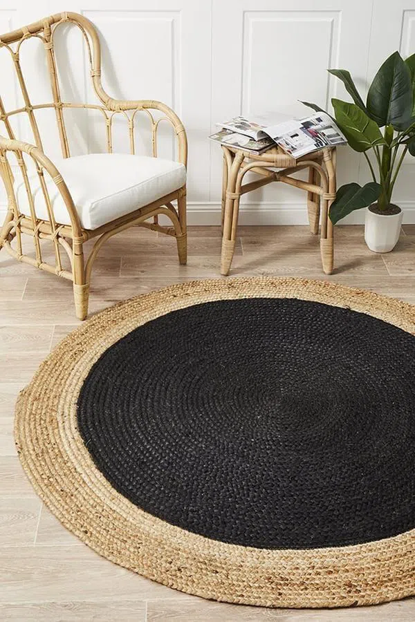 Round Jute Natural Rug Black - Image 3