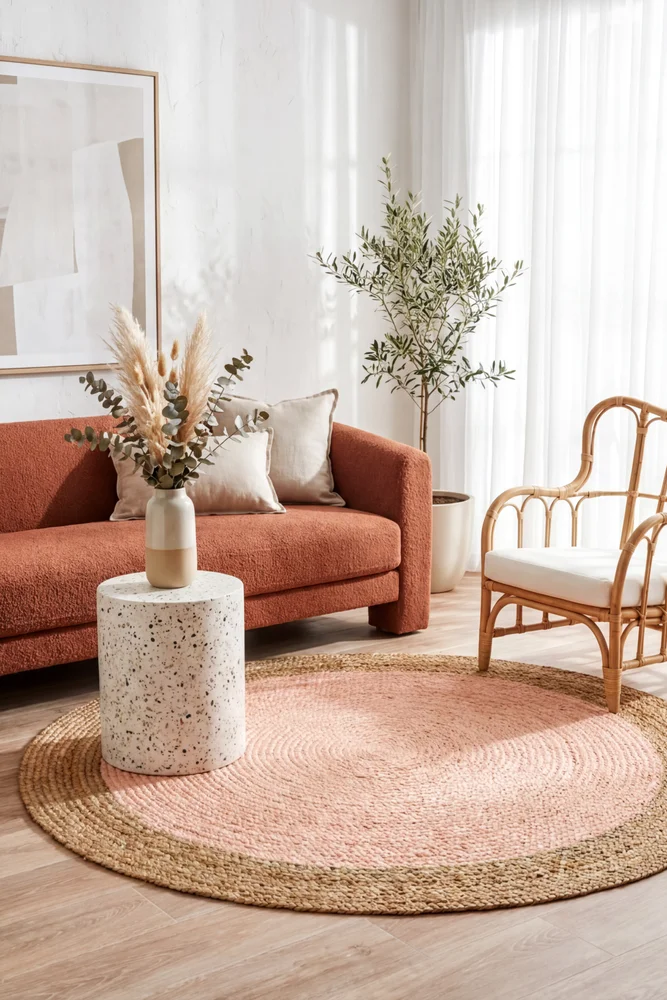 Round Jute Natural Rug Pink - Image 2