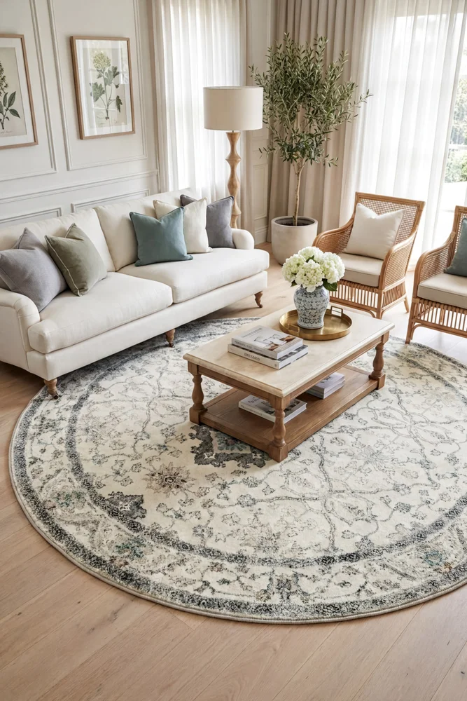 Susa Ivory Multicolour Traditional Distressed Round Rug - Image 2